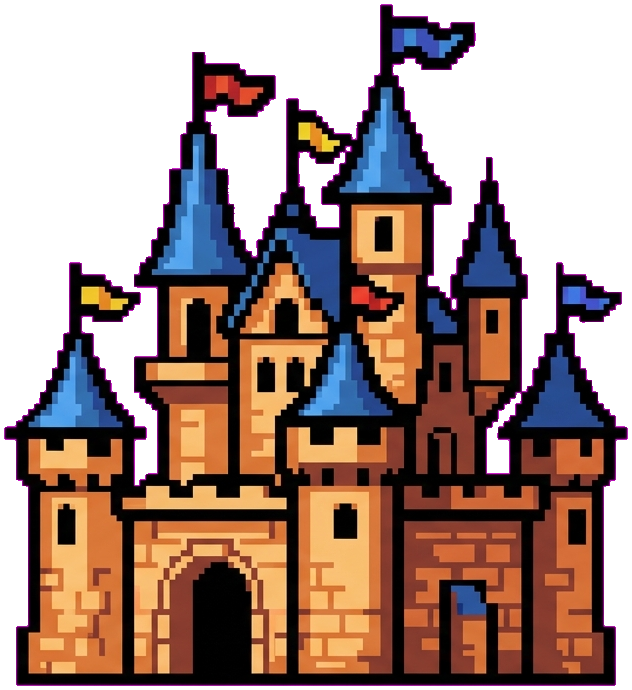 A chunky pixel-art fantasy castle with tall towers and colorful flags